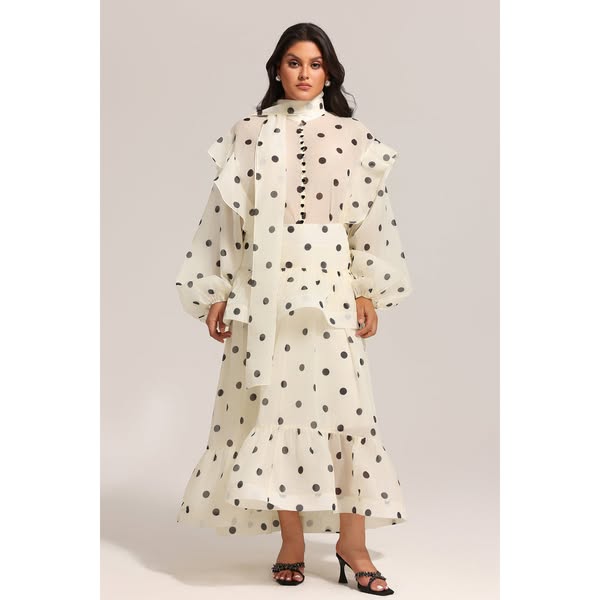 Rode Dot Printed Folds Long Sleeves Top And Skirt Two-Piece Set