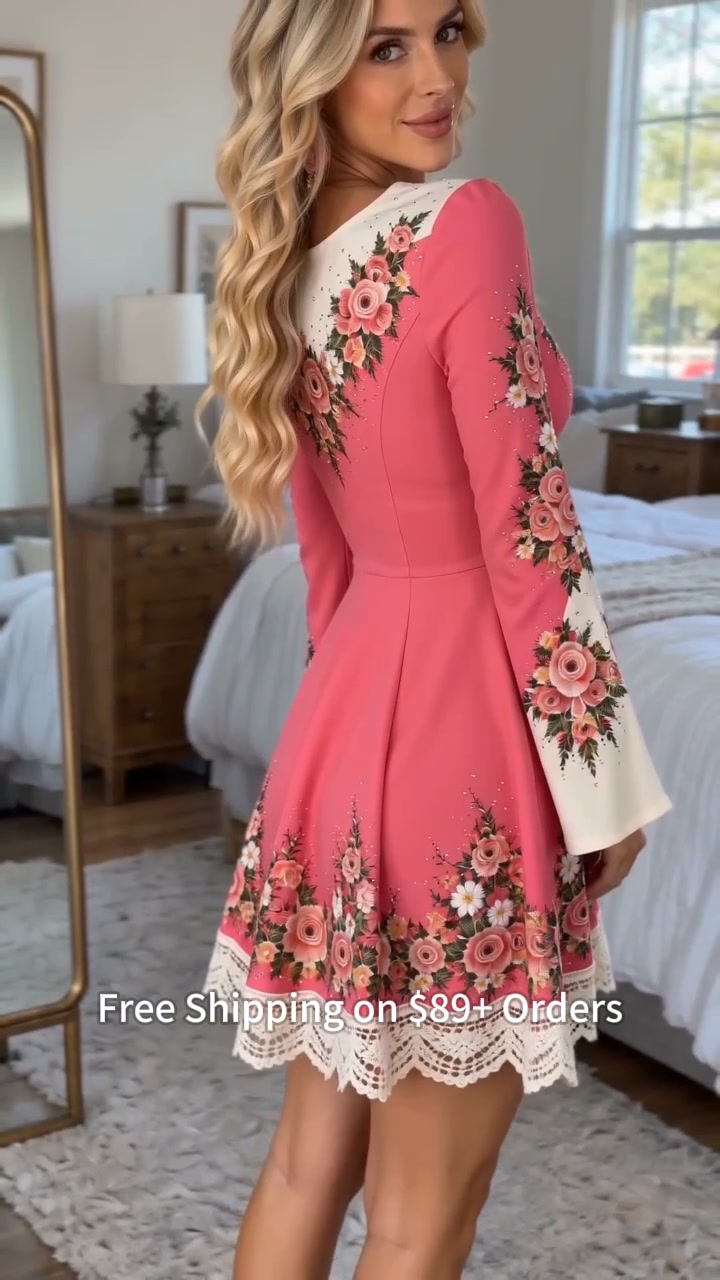 Rose Pink Floral Print Mini Dress With Wavy Lace Hem And Bell Sleeves