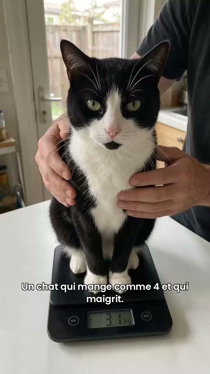 Un chat qui mange comme quatre et qui maigrit. La balance ne ment pas : 3,1 kg.