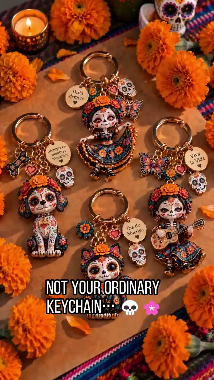 Día de Muertos Charm Keychain | 4 Colorful Floral & Skull-Inspired Styles