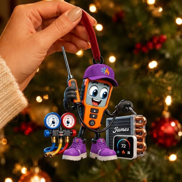 HVAC Digital Meter Mascot Holding Temperature Probe Ornament – Funny Personalized Gift for AC Technicians