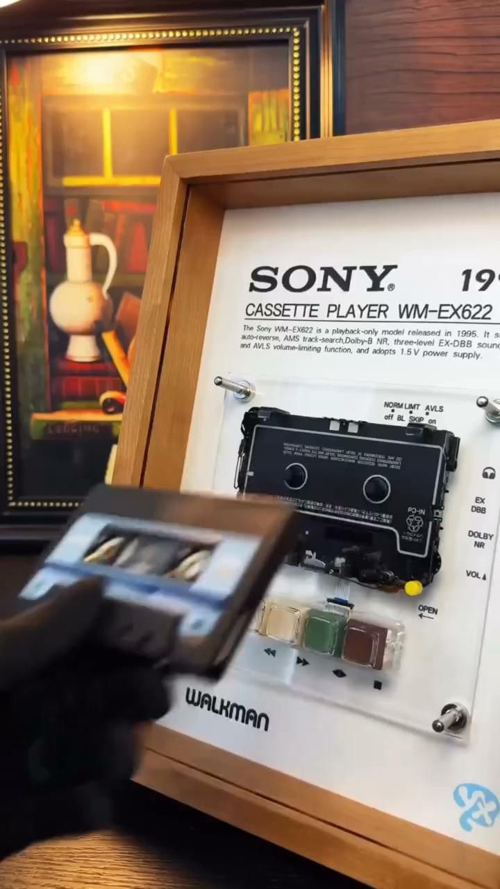 Vintage Cassette Player Frame with Functional Tape Playback & Retro Wall Art Design