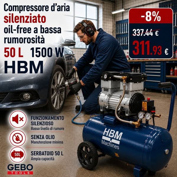 Compressore aria silenziato - con capacità del serbatoio di 50 litri - senza olio, oil free - per utensili pneumatici, 1500 W HBM