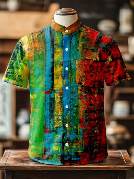 Men's Retro Casual Oil Painting Art Linen Cotton Stand Collar Short Sleeve Shirt