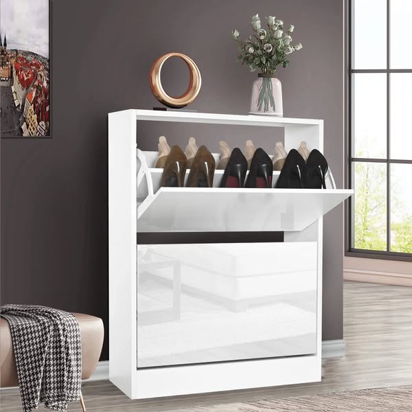 High Gloss 2 Drawer Slim Shoe Storage Cabinet for Hallway