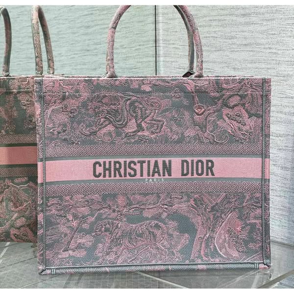 Dior Book Tote Large Gray and Pink Toile de Jouy Reverse Beverly Hills Embroidery - 42 x 35 x 18.5 cm