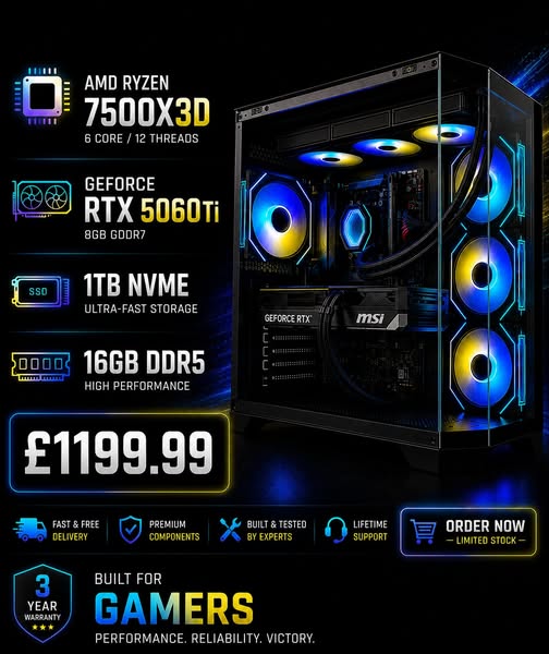 Ryzen 7500x3d, RTX 5060Ti Gaming PC (Ready to Go, NEW)