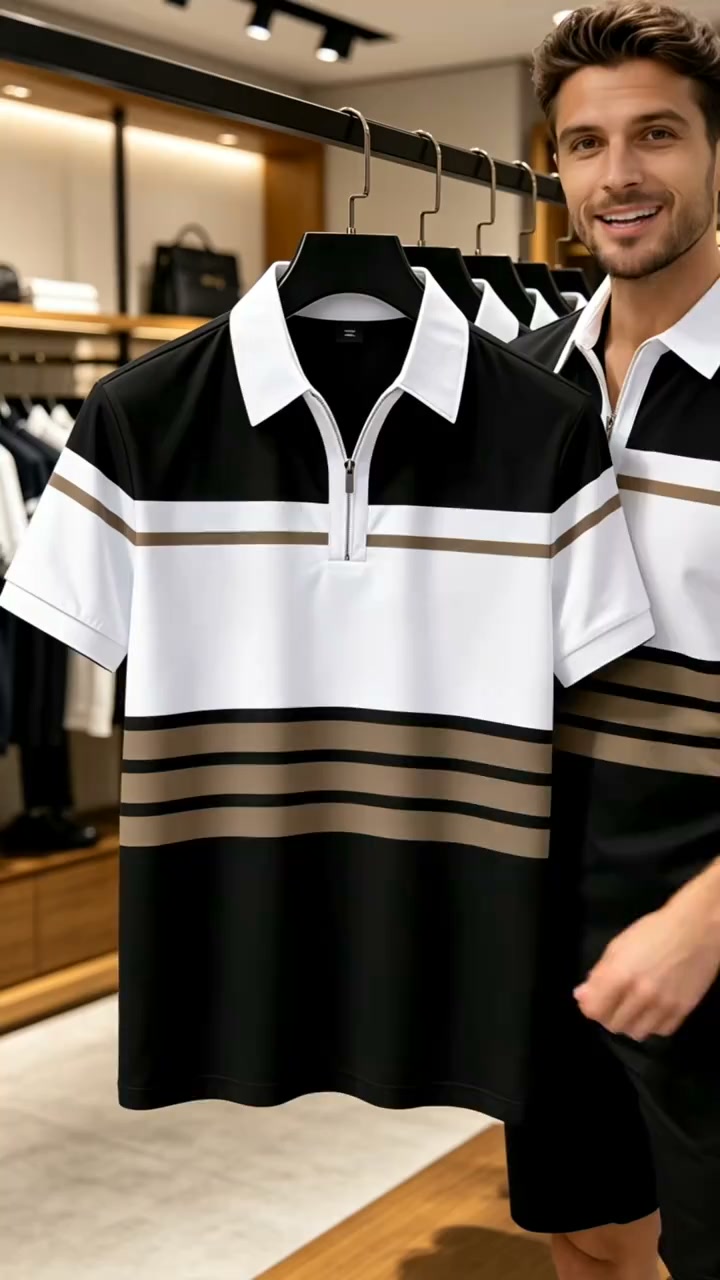 Men Color‑Block Stripe Quarter Zip Polo