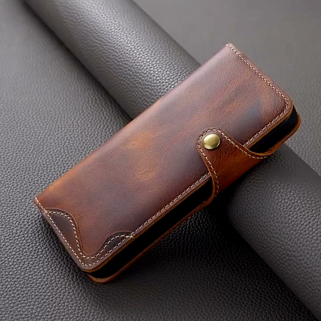 Premium Oil Wax Cowhide Button Design Case for iPhone