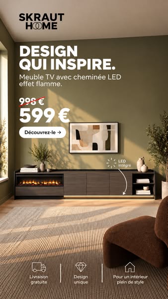 Meuble TV avec cheminée -40 % | Expédition sous 48–72 h