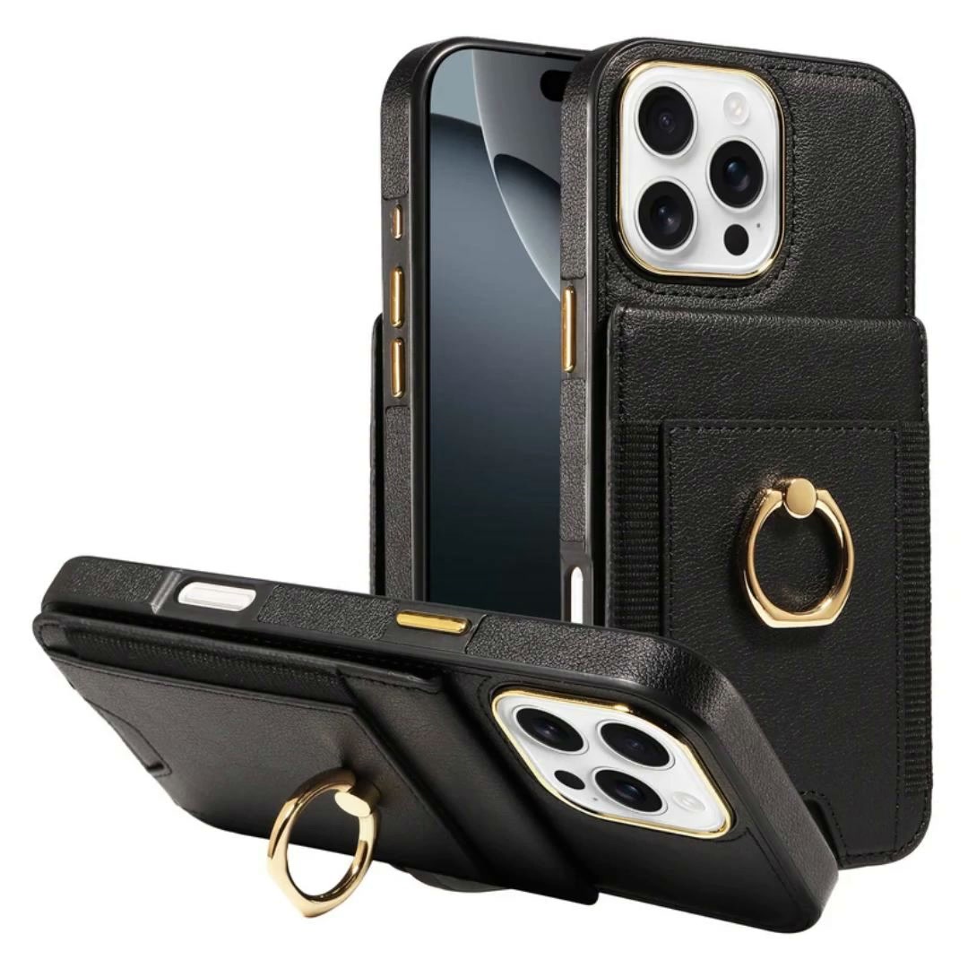 Wallet Card Slot Ring Holder Leather Case for iPhone