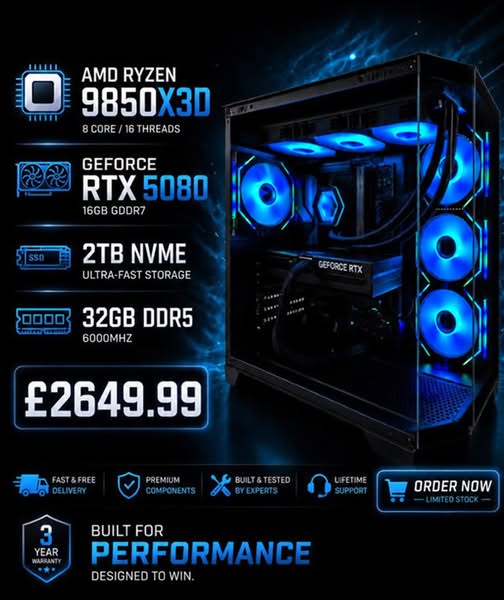 AMD Ryzen 7 9850x3d, RTX 5080 Gaming PC (NEW, Ready to go)