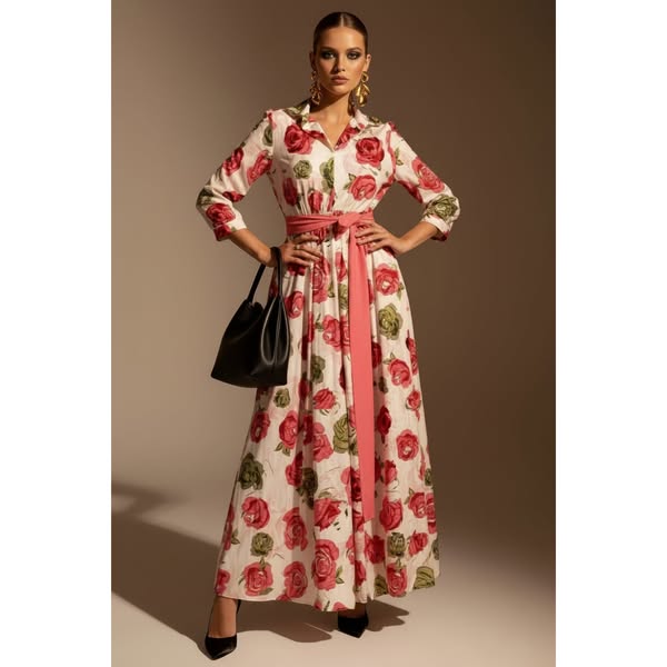floral maxi φόρεμα με 3/4 μανίκι & ζώνη Ροζ