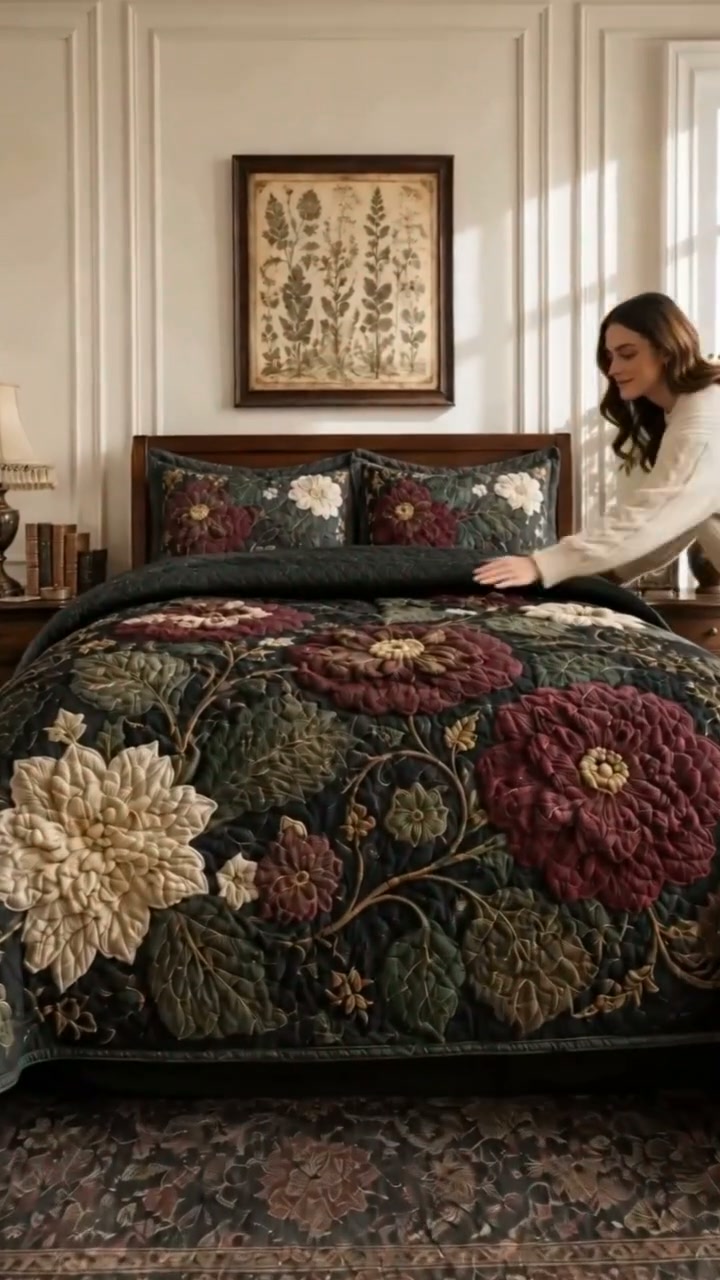 Dark Botanical Quilted Bedding Set