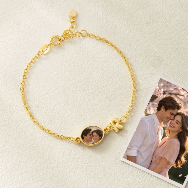 Personalized Engraved Heat-Activated Hidden Photo Bubble Letter Adjustable Bracelet, Memorable Jewelry, Birthday/Anniversary Gift for Women/