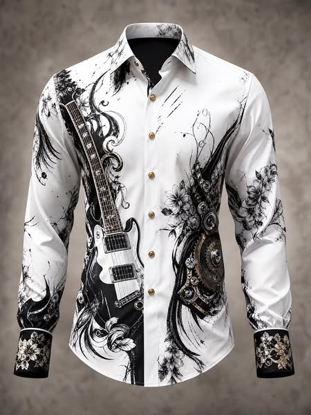 Men's Ink‑Wash Electric Guitar Gear And Floral Print Long Sleeve Shirt