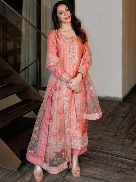 $60 | Peach Self Design Silk Blend Straight Suit Set
