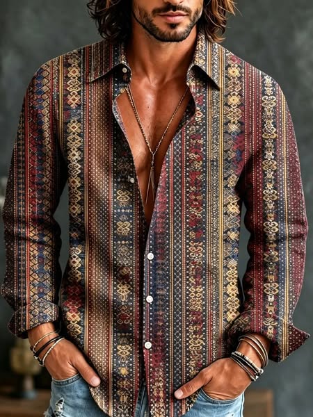 Men's Vertical Ethnic Bands Tiny Diamond Print Long Sleeve Shirt
