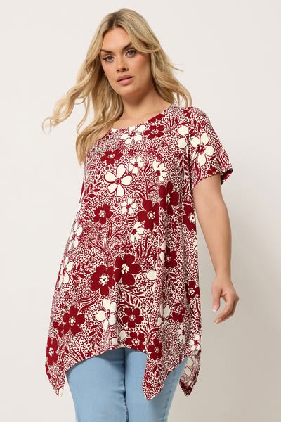 Yours Rode Top Met Bloemenprint En Puntige Zoom
