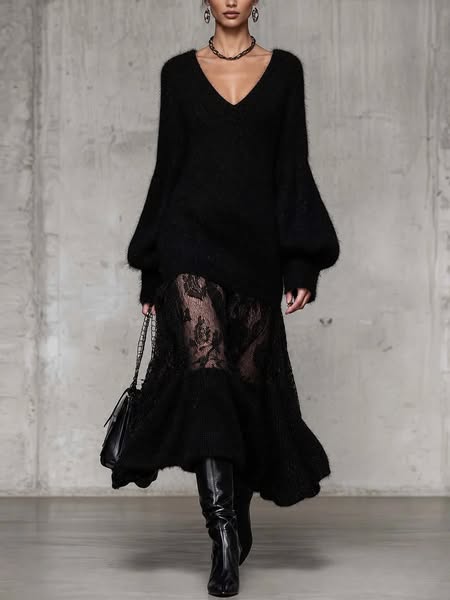 Black Shimmer Mohair Knit Maxi Dress With Sheer Lace Patchwork And Ruffled Hem