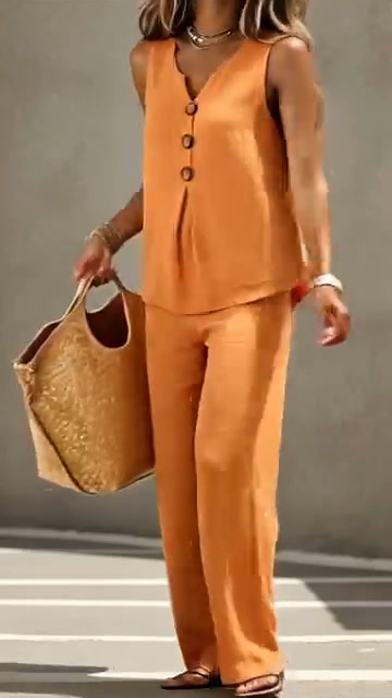 Women's Natural Linen-Blend Sleeveless Button Top and Loose Pants Set