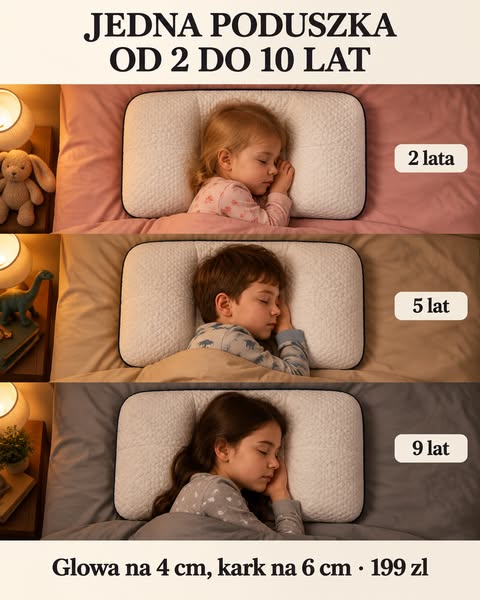 Jedna poduszka od 2 do 10 lat · Głowa na 4 cm, kark na 6 cm