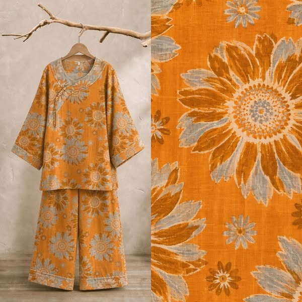 Oriental Sunflower Cotton Pajama Set