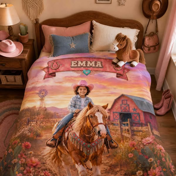 Manta personalizada com nome e foto para pequena cowgirl, em flanela/sherpa, ideal para cama e sofá. Manta rústica estilo rancho, perfeita p