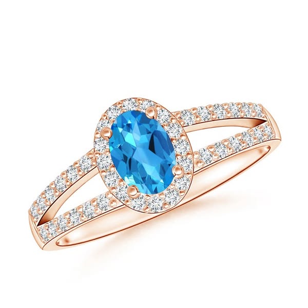 Oval Swiss Blue Topaz Split Shank Halo Ring