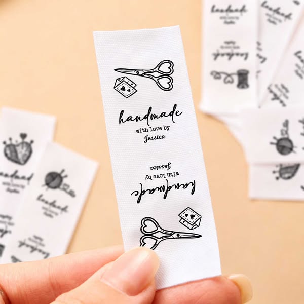 Custom Name Heart Pincushion/Scissors/Yarn Ball Design Cotton Sewing Labels (Set of 50), Handmade Fabric Name Tags, Gifts for Knitters/Craft