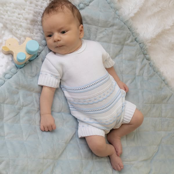 Blue & White Knitted Pointelle Romper