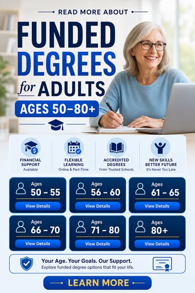 Funded degree options for adults 50 to 80+, designed for flexible study paths and goals.
