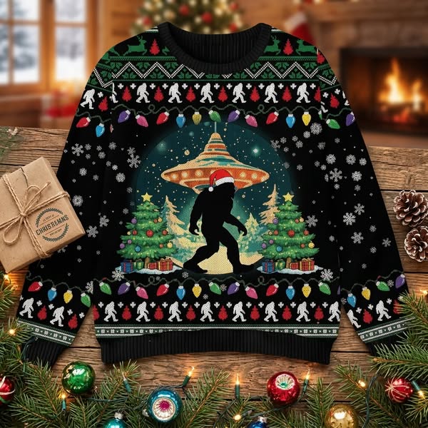 "Bigfoot & UFO" Ugly Christmas Sweater