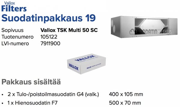 VALLOX TSK MULTI 50 SC -suodattimet (nro 19)