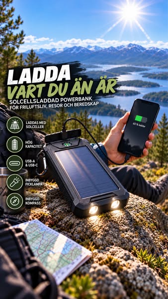 Powerbank med solceller – tålig, vattentät & 10 000 mAh