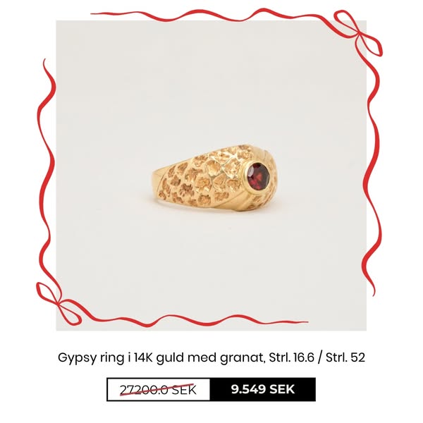 Gypsy ring i 14K guld med granat, Strl. 16.6 / Strl. 52