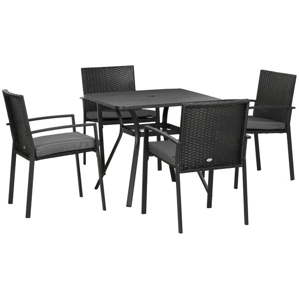 Five-Piece Garden Dining Set with Rattan Seat Cushions and Parasol Hole - Black
