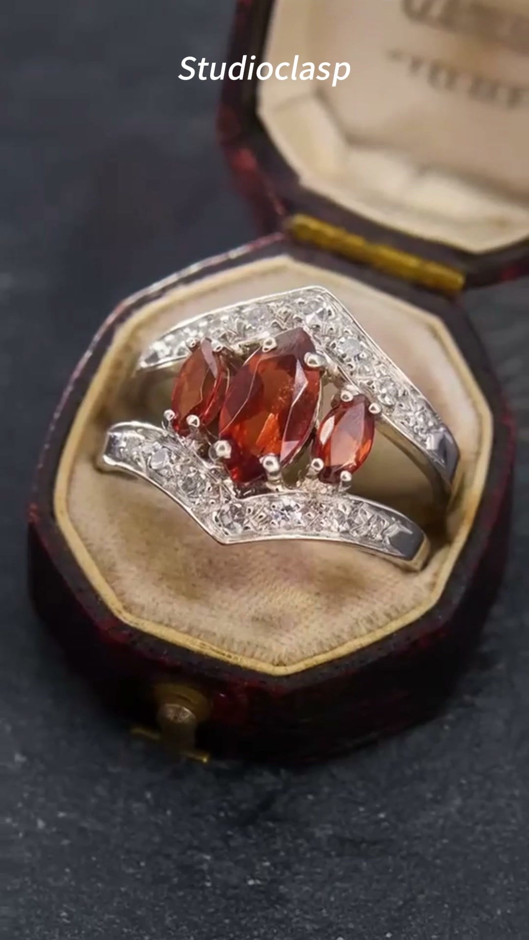 Red Ruby Marquise Three Stone Ring Women Vintage Art Deco Silver Engagement Cocktail Ring