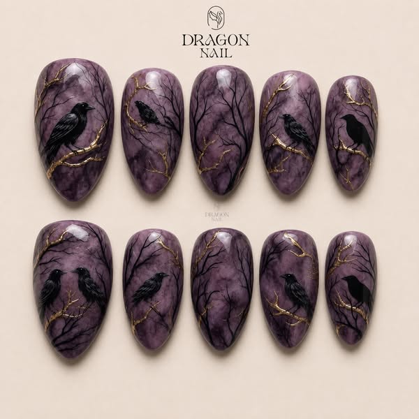 Dark Raven Forest Elegance Press On Nails