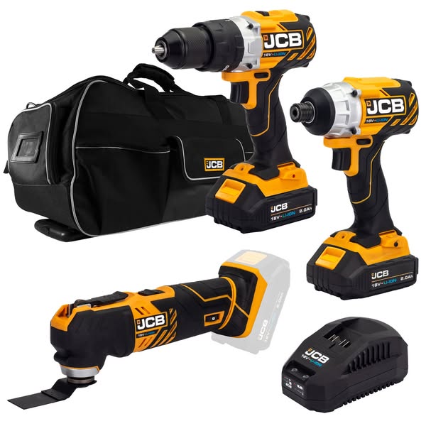 JCB 18V Cordless Combi Drill, Impact Driver & Multi Tool Kit, 2xAh Li-Ion Batteries , charger in 26 kit bag | 21-18TPKMT-2