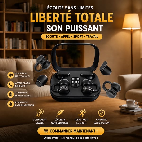 Écouteurs sans fil à double appairage avec boîtier LED intelligent | Ajustement ouvert et classique