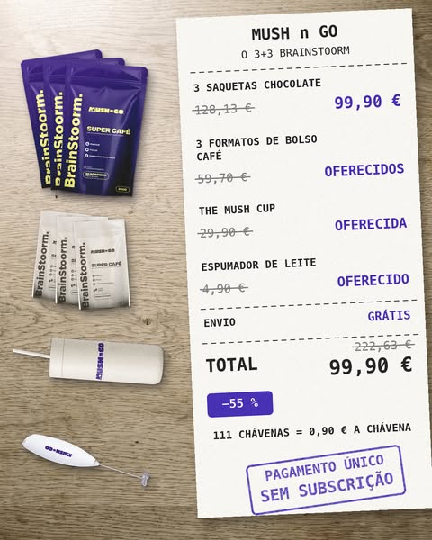 8 produtos, 111 chávenas, garrafa térmica e espumador oferecidos: 99,90 € em vez de 222,63 € (−55 %).