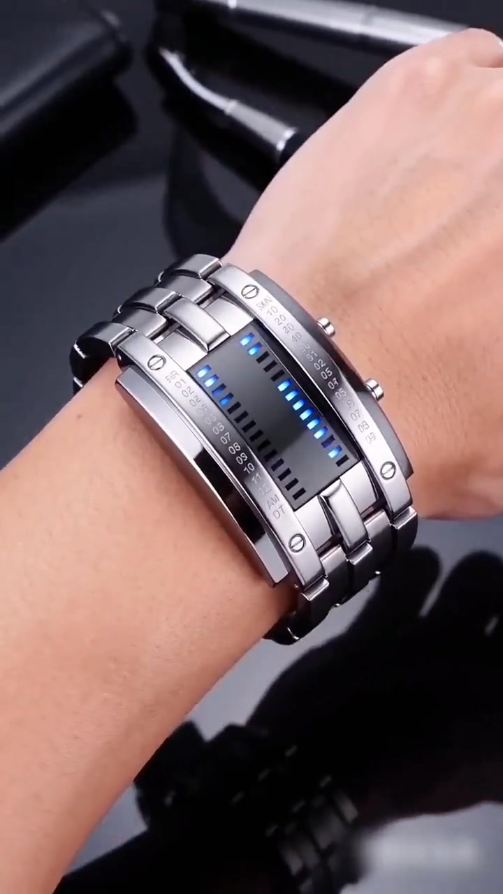 Binary LED Digital Watch, Square Face with Stainless Steel Band, Unisex Casual Timepiece