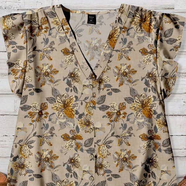 EMERY ROSE Khaki Floral Plus Size Blouse Women's Tops Workwear V-Neck Batwing Sleeve Loose Fit Woven Fabric Boho Casual Daily Summer