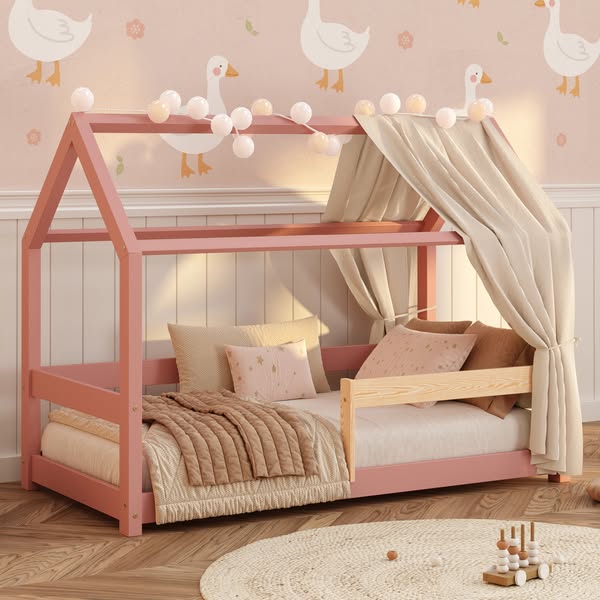 5% • Kup Łóżko domek dla dziecka z barierką i stelażem MILO Montessori Drewniane, 90x190 - Różowy | Smartwood