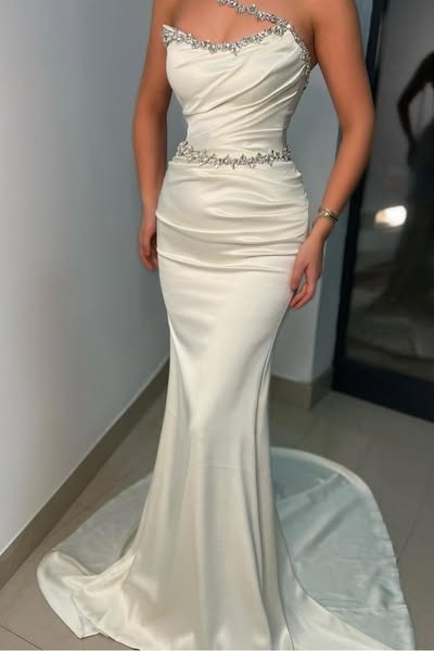Glamorous Satin Ivory One Shoulder Sleeveless Long Mermaid Prom Dress with Rhinestone | MS0272 Mint-US24W