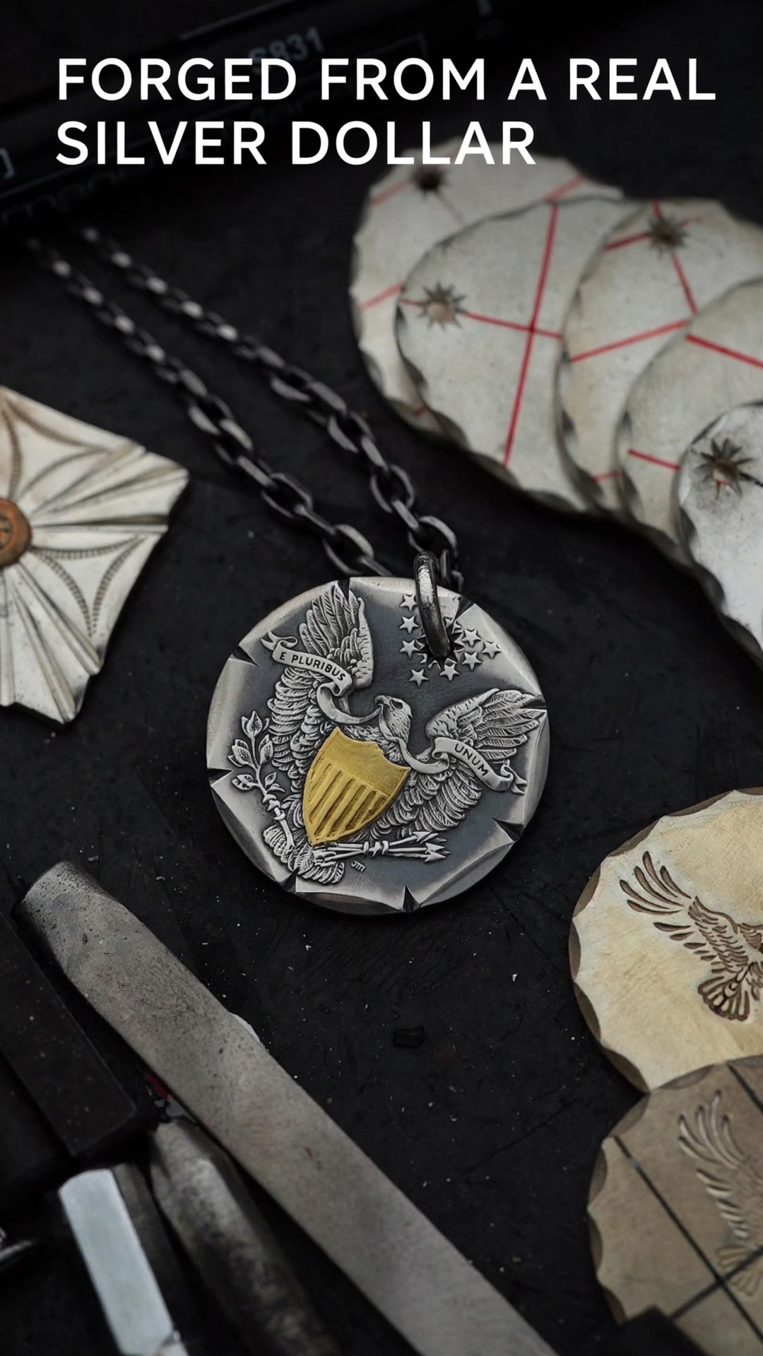 Hand Carved Hobo Nickel Eagle Silver Pendant