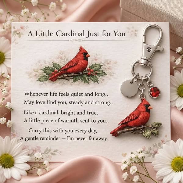 Personalized Cardinal Keychain with Hand-Painted Encouragement Card