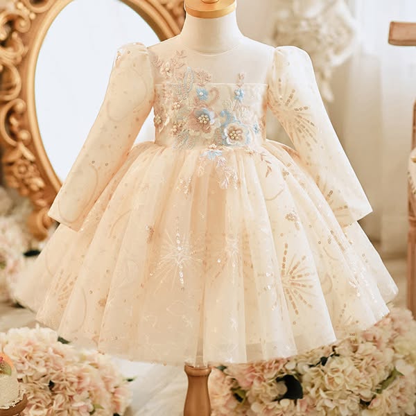 Mesh Rosette Sequins Long Sleeve Mid-long Dresses