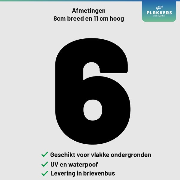 Cijfersticker Nummer 6 Zwart - Brievenbus - Container - Deur | €1.95